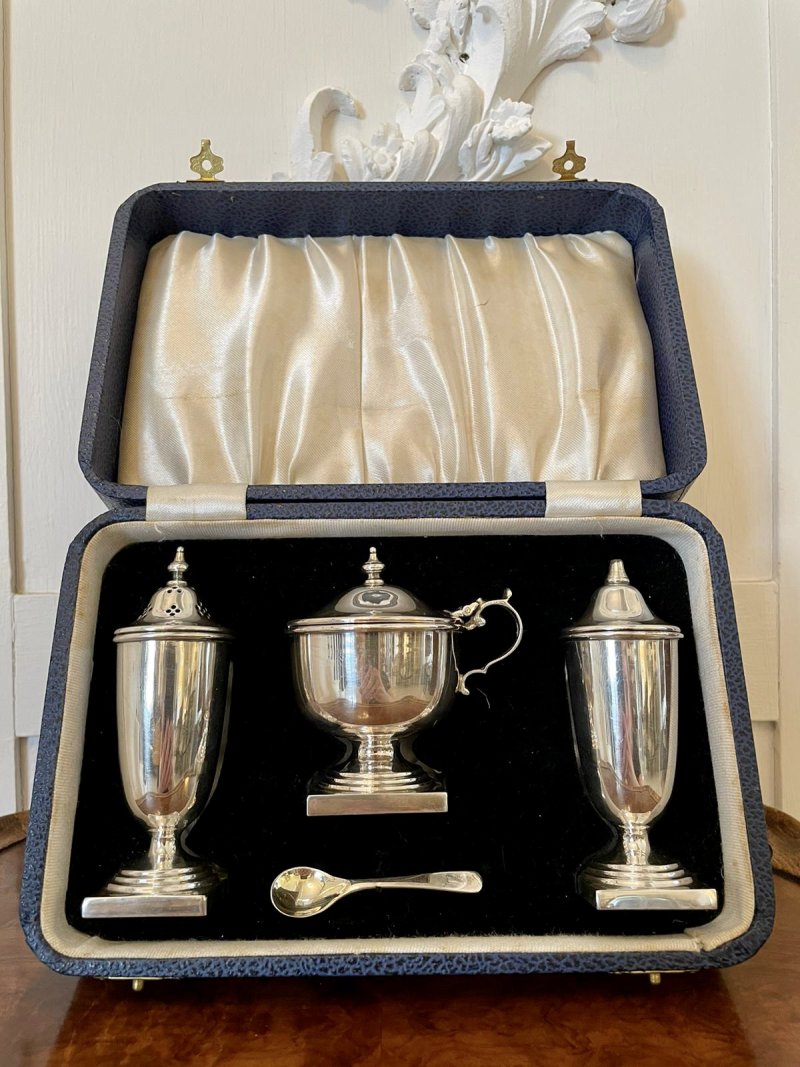 George V Cased Four Piece Solid Sterling Silver Condiment Set by Viners, Sheffield